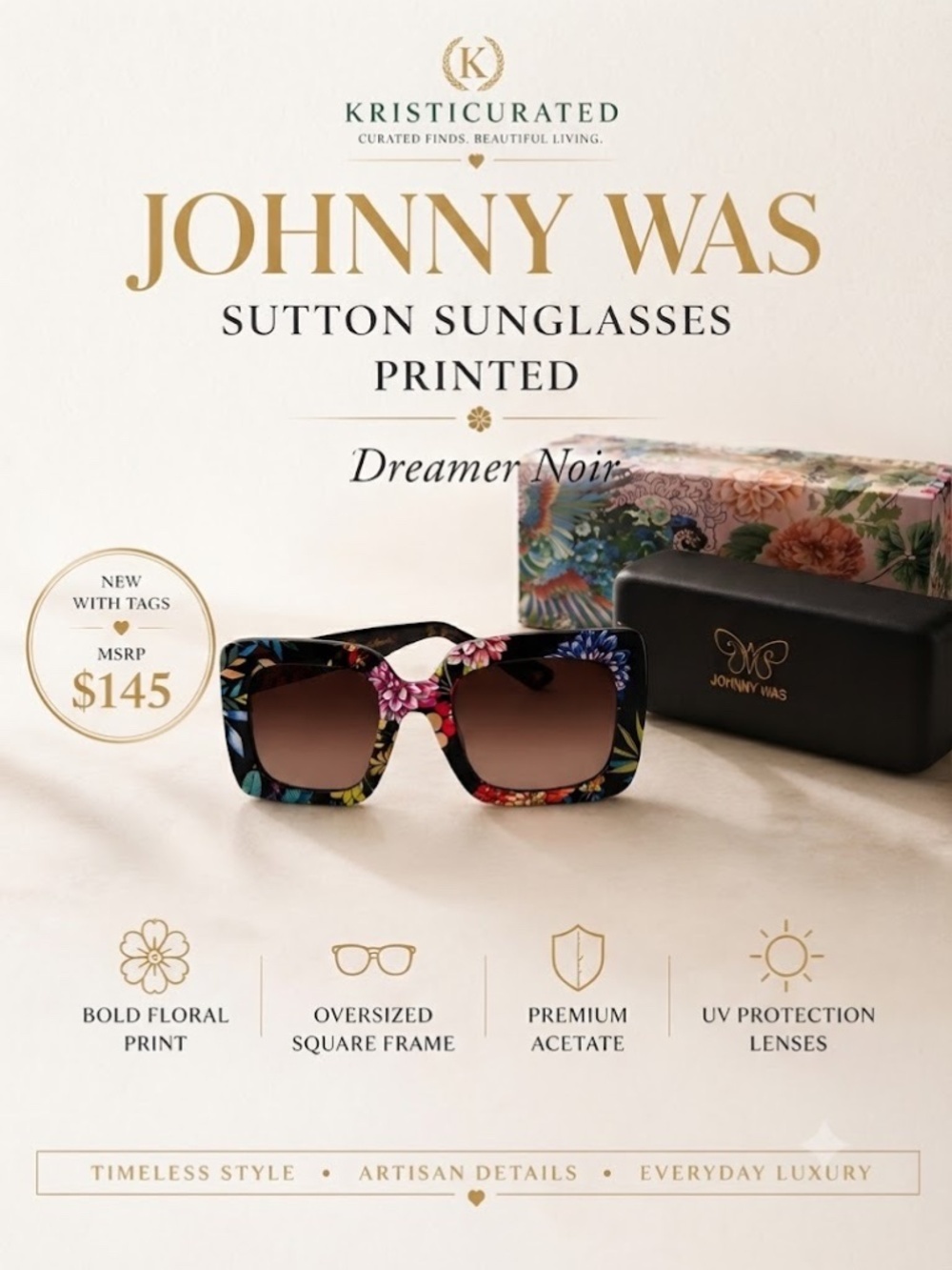 🌸 Johnny Was Sutton Print Oversized Sunglasses | Dreamer Noir | NWT | MSRP $145